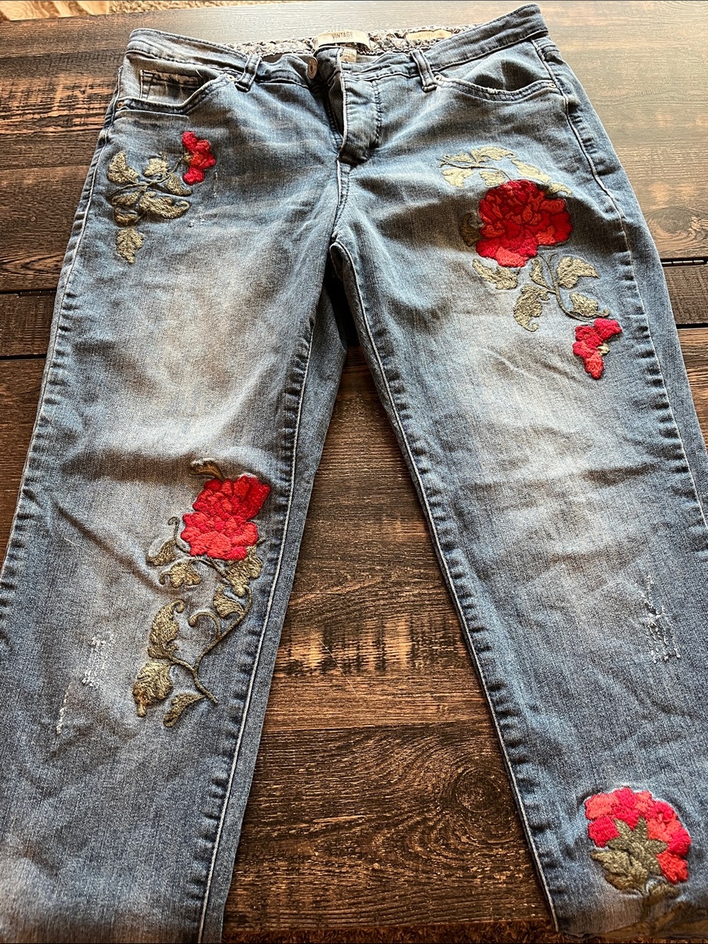 Vintage America Red Rose Embroidered Light Blue Boyfriend Jeans